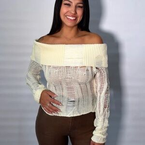 Off-Shoulder Cream Knit Sweater